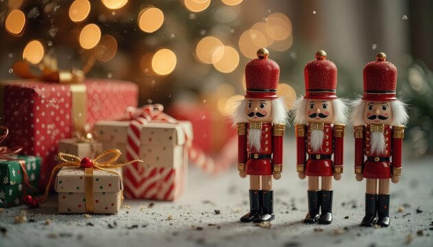 Three red nutcracker soldiers with glitter hats on snowy foreground beside wrapped gifts, warm bokeh in background, falling flakes and details, festive christmas nostalgic atmosphere