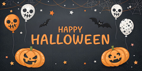 Happy Halloween banner with spooky pumpkin and skull balloons on dark background. Creepy festive design with bats, stars and dripping orange lettering, perfect for party invitations, seasonal sales or