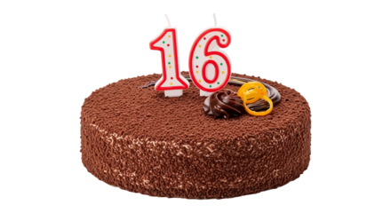 Chocolate birthday cake with number 16 candles and festive decorations