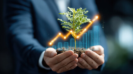 Businessman hand nurturing plant for business growth and investment development. finance graph showing concept for future success