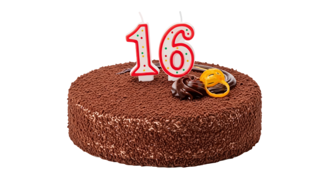 Chocolate birthday cake with number 16 candles and festive decorations - Powered by Adobe