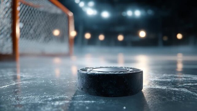 A puck rests on the ice near the goal in a dimly lit hockey arena as players prepare for action during an intense match