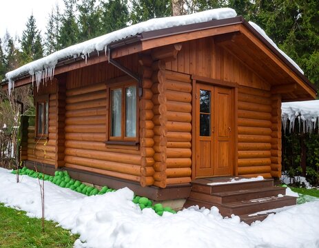 Wooden cabin in winter snow