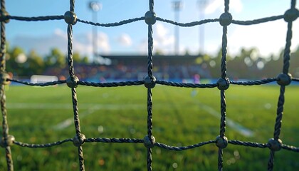 Close-up view of a net in the foreground with a blurred sports stadium and field in the background, highlighting the anticipation of a game