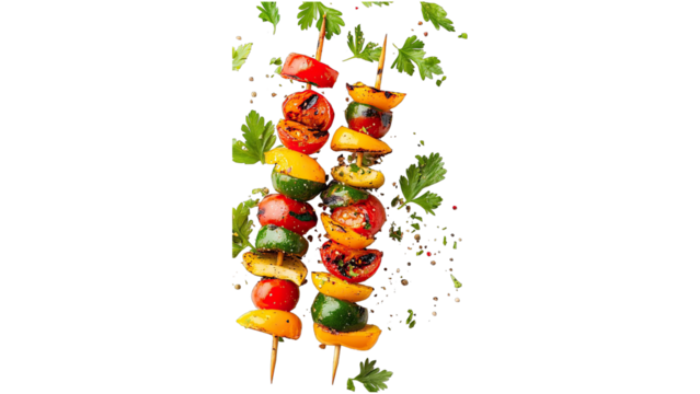 Colorful grilled vegetable skewers with herbs isolated on white background