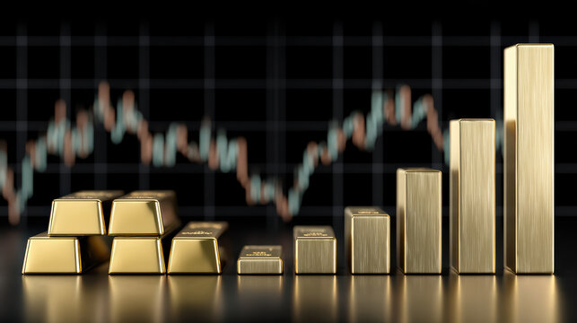 Gold bar graph with dynamic financial data line. solid metallic investment for finance and economy growth, representing market success