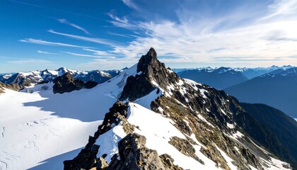 A panoramic view of a jagged mountain range covered in snow, under a clear blue sky with wispy clouds