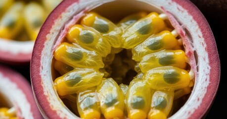 Vibrant Passion Fruit Halves Exotic Fruit Delight Closeup of Tropical Delicacy with Juicy Pulp Seeds Healthy Refreshment Natural Dessert Antioxidant Source