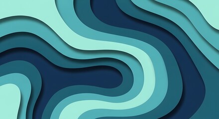 Abstract background with deep blue and teal wavy paper cut layers creating a fluid topographic map design effect