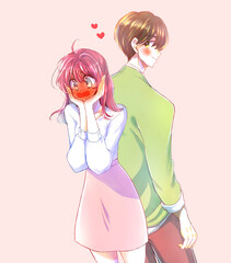 振り向く恋する男性と赤面する女性