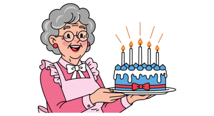 Happy grandmother holding a birthday cake with lit candles, festive celebration