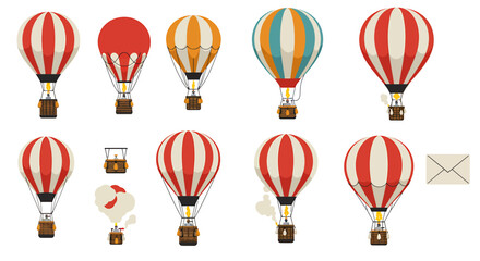 A set of hot air balloon illustrations with varying designs and burner states