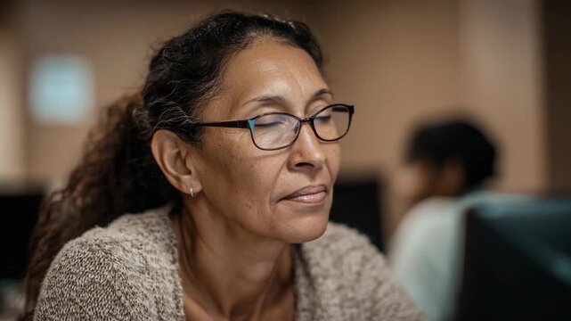 A focused woman wearing glasses appears deep in thought while working on her computer, portraying concentration and dedication in a collaborative environment.