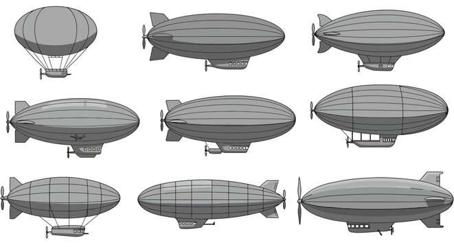 Collection of nine gray blimp and zeppelin illustrations viewed from the side