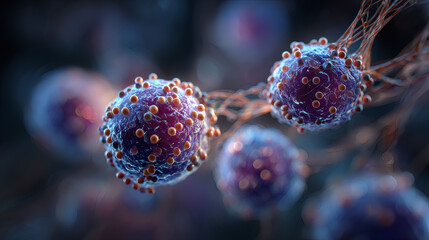 Microscopic view of microorganisms with detailed structures and textures in vibrant colors. Microscopic imagery highlights the intricate characteristics of microorganisms and their diverse forms. 