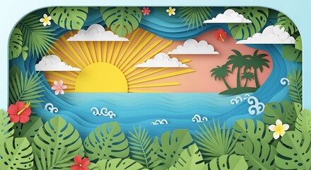 Tropical Paradise Scenic View with Palm Trees and Sunny Sky on a Bright Summer Day