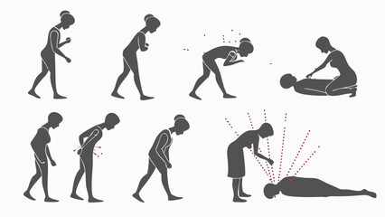 Woman Vomiting Fainting Collapsing and Receiving First Aid CPR. Emergency Medical Training and Health Safety Education.