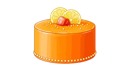 Vibrant orange cake with lemon slices and strawberry topping, festive dessert illustration