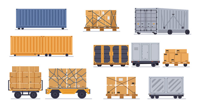 Collection of various cargo containers and palletized freight on flatbed dollies