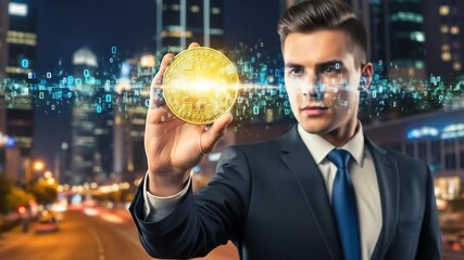 Young businessman holding a glowing cryptocurrency coin with binary data overlayed, against a cityscape at night, footage. - Powered by Adobe