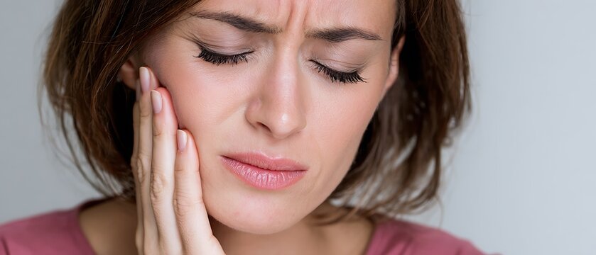 Stressed woman with hand on jaw suffering TMJ pain from nighttime grinding
