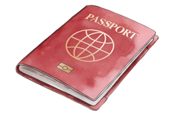 Watercolor red passport illustration with a world globe symbol on the cover. The design features soft brush textures and warm tones, giving it a handmade and artistic look. Ideal for travel-themed pro
