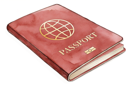 Watercolor red passport illustration with a world globe symbol on the cover. The design features soft brush textures and warm tones, giving it a handmade and artistic look. Ideal for travel-themed pro