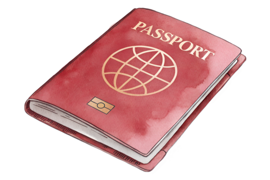 Watercolor red passport illustration with a world globe symbol on the cover. The design features soft brush textures and warm tones, giving it a handmade and artistic look. Ideal for travel-themed pro - Powered by Adobe