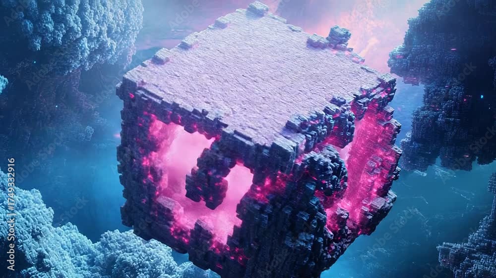 Wall mural glowing fractal cube floating in futuristic abstract space