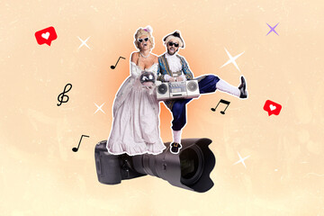 3d banner art pop trend collage of two happy duke duchess girl guy dance together clubbing camera shooting retro renaissance