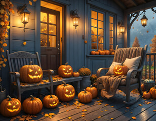Obraz premium Charming autumn porch decorated with glowing jack-o-lanterns, teal pumpkins, and cozy chairs under warm lantern light for Halloween night. Concept of Halloween. CG Artwork Background