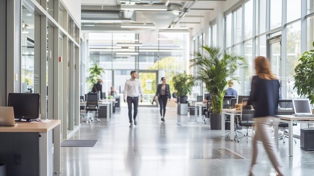 Blurred motion of people walking through a modern office corridor hall with reflective glass walls, showcasing the dynamic environment of the corporate world with a sense of urgency and movement.