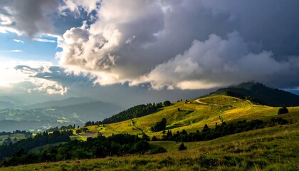 Obraz premium Scenic vista capturing a vibrant mountain landscape under a dramatic, cloudy sky with sunlight illuminating the lush, green terrain