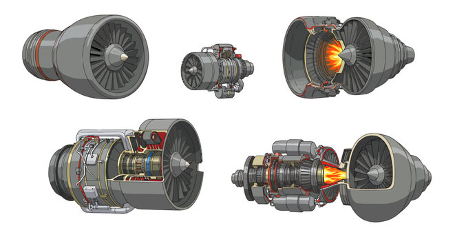 Illustration showing five different views and cutaways of turbofan jet engines