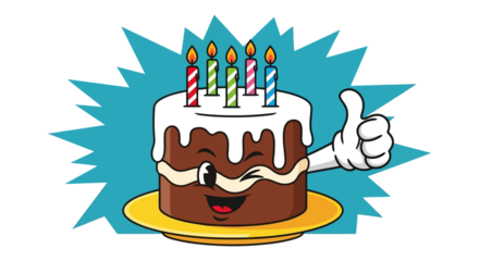 Happy cartoon birthday cake with lit candles and thumbs up gesture