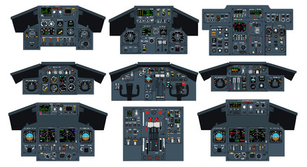Nine distinct illustrations of various airliner cockpit instrument panels © Faisal