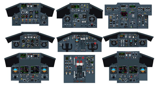 Nine distinct illustrations of various airliner cockpit instrument panels