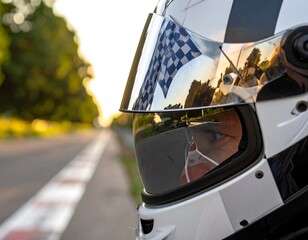 A close-up shot shows a racing helmet reflecting a checkered flag and the track. Warm sunset colors are visible in visor