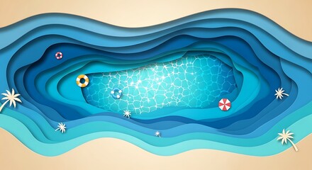 Papercut illustration of a tropical beach with turquoise water and floating objects