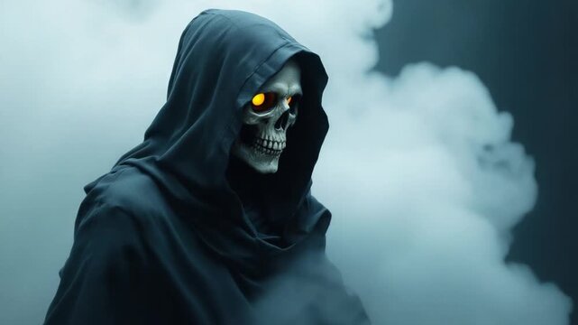 Grim Reaper in the Mist - A Haunting Vision of Deaths Embrace.