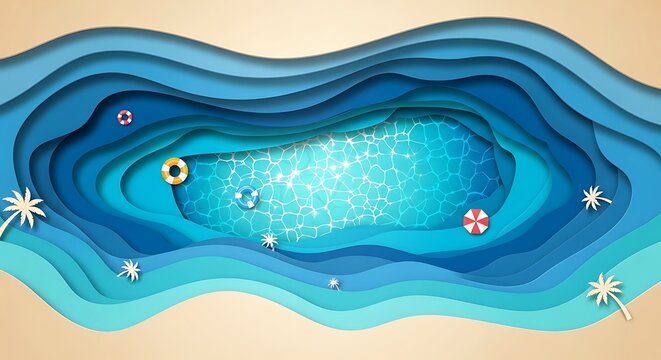 Papercut illustration of a tropical beach with turquoise water and floating objects