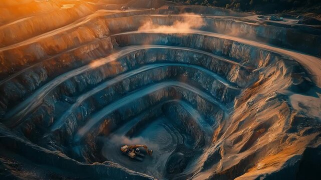 An excavator operates in an expansive mining site at sunset, showcasing layered terrain and dust clouds in clear detail