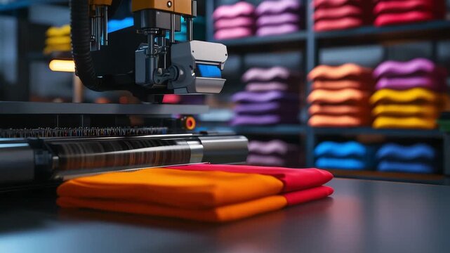 Automated printing technology in action as colorful t shirts are neatly folded and stacked in a garment factory setting