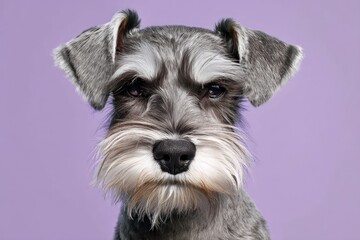 Suspicious Schnauzer Puppy Portrait on Solid Light Purple