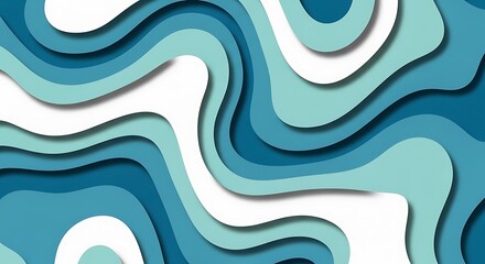 Abstract Paper Cut Design Ocean Waves in Turquoise, Blue, and White Tones for Backgrounds