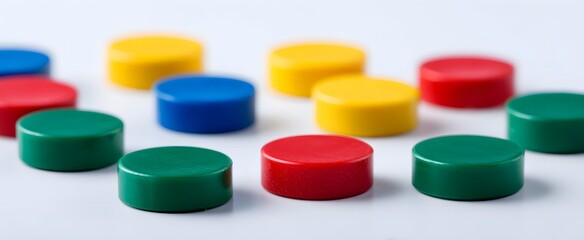 Individual colorful math counters arranged separately on a white surface for educational use