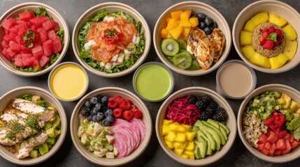 Assorted Bowls of Fresh Fruit Sliced Vegetables and Smoothies in Small Bowls and Cups for Healthy Eating and Nutrition