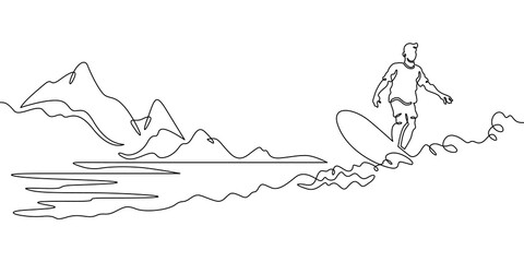 Continuous single line drawing Surfer on the seashore. Surfer with a board against a rocky landscape. Surfing in the ocean. Linear . One continuous line isolated minimalist illustration. Not AI.