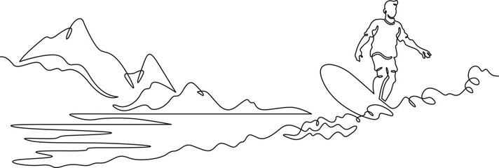 Continuous single line drawing Surfer on the seashore. Surfer with a board against a rocky landscape. Surfing in the ocean. Linear . One continuous line isolated minimalist illustration. Not AI.