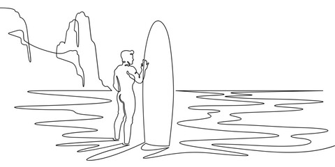 Continuous single line drawing Surfer on the seashore. Surfer with a board against a rocky landscape. Surfing in the ocean. Linear . One continuous line isolated minimalist illustration. Not AI.